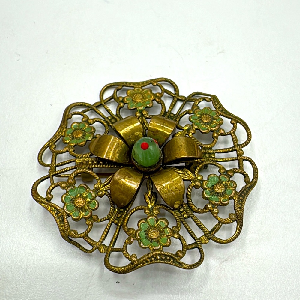 Antique 1920’s Art Deco green & gold cold painted Enamel Czech brooch.